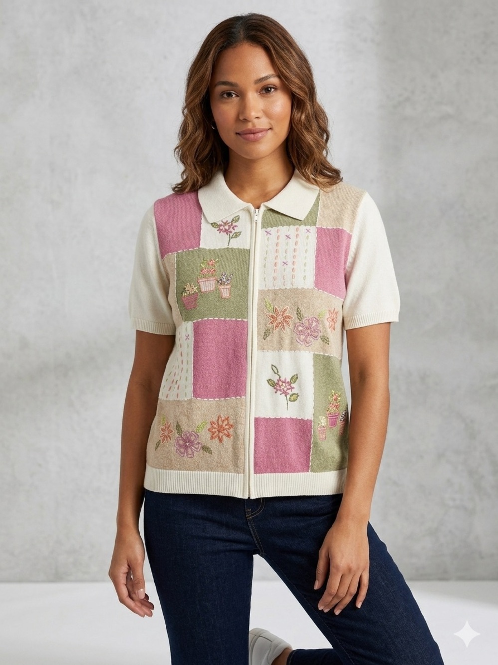Alfred Dunner Patchwork Floral Zip Knit Top - Pink, Green & Cream